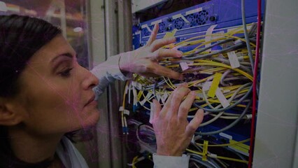 Poster - Animation of pink lights over focused biracial women connecting wires in server