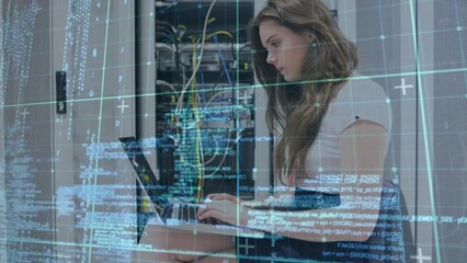 Poster - Animation of data processing over focused cacucasian woman using laptop