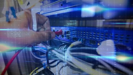 Poster - Animation of data processing over hand of caucasian man connecting wires in server