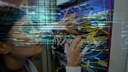 Poster - Animation of data processing over biracial woman connecting wires at server