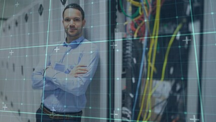 Poster - Animation of checked moving screen over caucasian man standing at server
