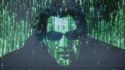 Poster - Animation of green lights falling over smiling caucasian man in glasses