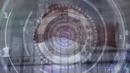 Poster - Animation of processing circles and binary code over hands of biracial man using laptop