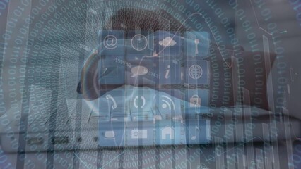 Poster - Animation of cube made of icons and pulsating circles over hands of biracial man using laptop