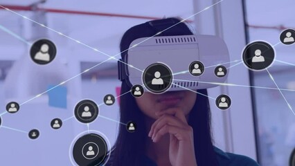 Poster - Animation of network of connections with icons over biracial businesswoman using vr headset