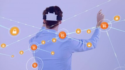 Poster - Animation of network of connections with icons over caucasian businessman using vr headset
