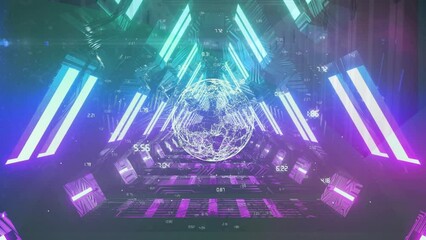 Poster - Animation of rotating globe and numbers in neon digital tunnel