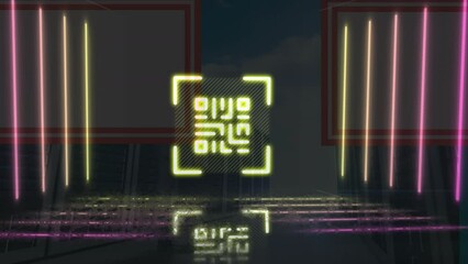 Sticker - Animation of neon qr code and lines moving in digital space