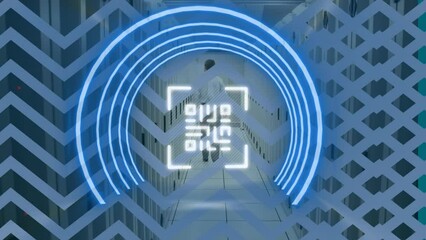 Aufkleber - Animation of neon qr code and chevron pattern over servers and back of man
