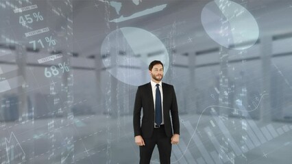 Poster - Animation of caucasian businessman over diverse graphs and office