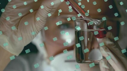 Poster - Animation of rows of green cubes over female caucasian scientist holding test tube and beaker