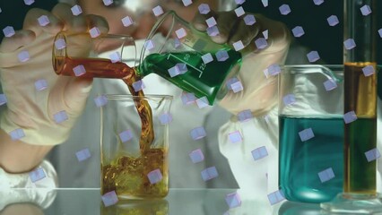 Poster - Animation of rows of purple cubes over scientist pouring liquid into laboratory beaker