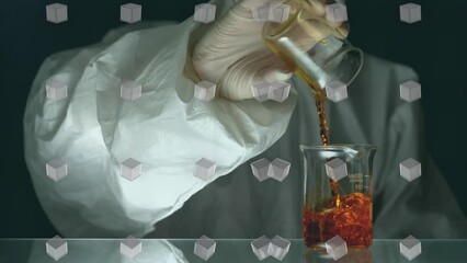 Poster - Animation of rows of white cubes over scientist pouring liquid into laboratory beaker