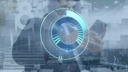 Poster - Animation of processing circle and numbers over biracial man using smartphone