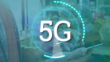 Poster - Animation of processing circle and 5g over hands of caucasian man using smartphone