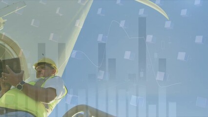 Poster - Animation of graphs, data over caucasian male worker using tablet at wind turbine