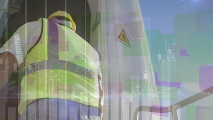 Poster - Animation of graphs and data over caucasian male worker walking into wind turbine