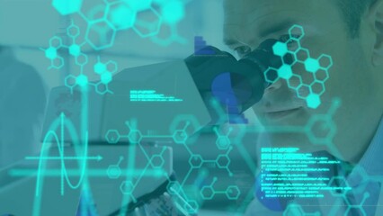Poster - Animation of data processing and chemical formulas over caucasian male lab worker using microscope