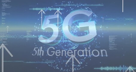 Poster - Animation of arrows, data processing and 5g over globe in navy space