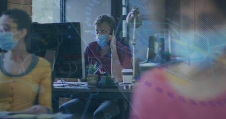 Poster - Animation of data processing over diverse business people with face masks using smartphone