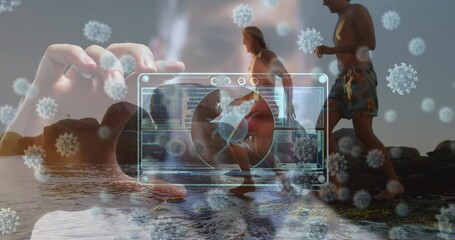 Poster - Animation of covid 19 virus cells over caucasian male doctor with tablet and male friends on beach