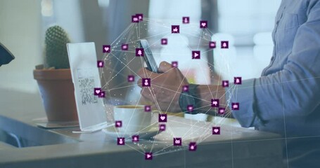 Poster - Animation of network of connections with icons over caucasian man scanning qr code
