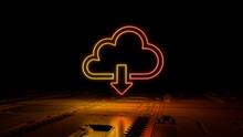 Orange And Yellow Neon Light Cloud Download Icon. Vibrant Colored Data Storage Technology Symbol, On A Black Background With High Tech Floor. 3D Render