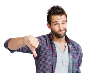 Sticker - Yeah, maybe next time. Studio shot of a young man showing thumbs down against a white background.