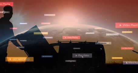 Poster - Animation of media icons and car over globe