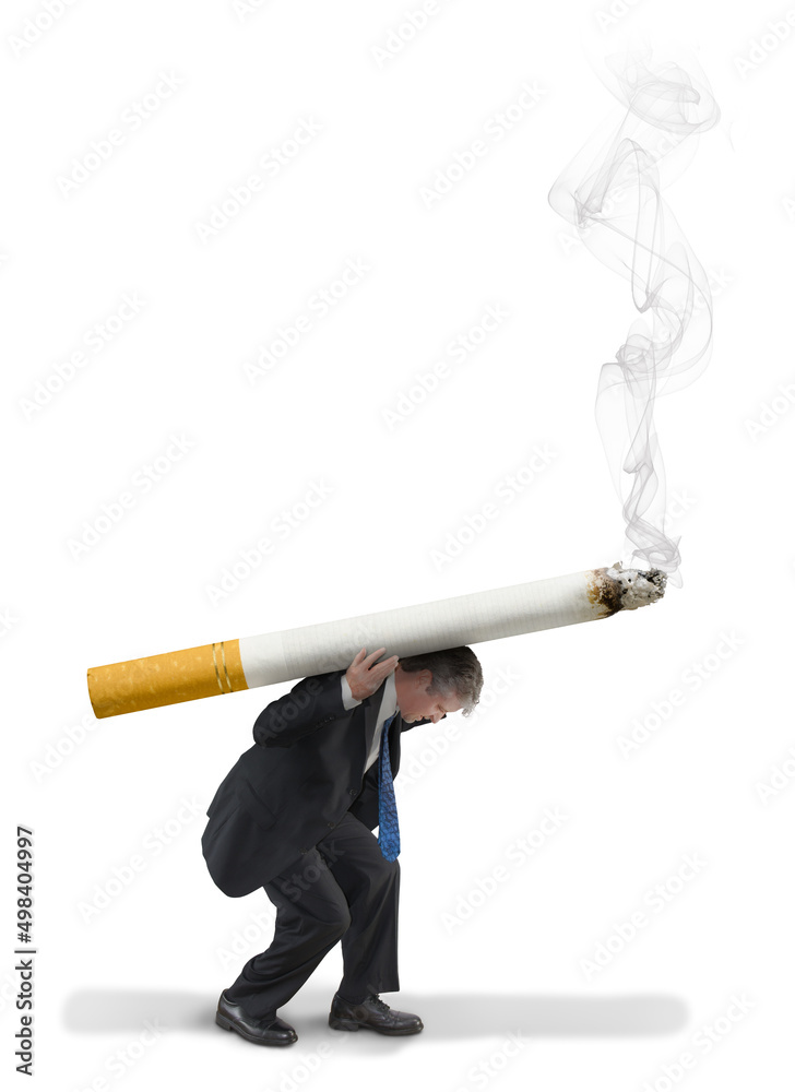 giant cigarette A man is hunched over struggling to carry a giant smoking cigarette on his  back representing being trapped in nicotine addiction, depression and bad  health. Stock Photo