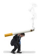 © Michael O'Keene - A man is hunched over struggling to carry a giant smoking cigarette on his back representing being trapped in nicotine addiction, depression and bad health.