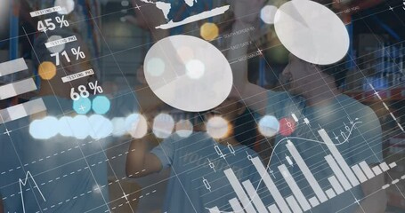 Poster - animation of graphs and financial data over happy diverse female and male warehouse workers