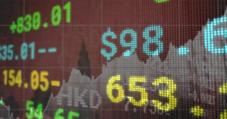Poster - Animation of financial data and graphs over cityscape