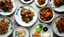 Top Down Of Various Asian Dishes On Table
