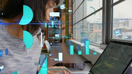 Poster - Animation of financial data processing over biracial businesswoman
