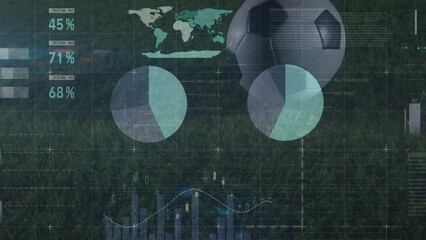 Poster - Animation of graphs and data over ball and legs of african american soccer player at stadium