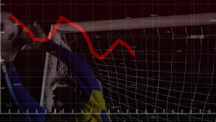 Poster - Animation of graphs and data over goal and caucasian soccer player at stadium