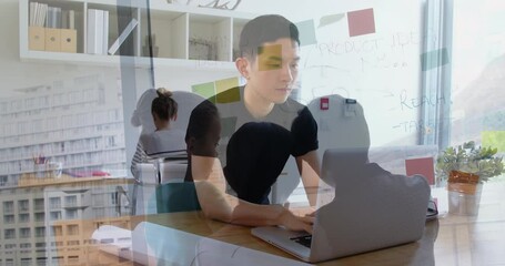 Poster - Animation of asian man using laptop over schoolchildren