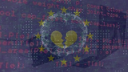 Poster - Animation of data processing over globe, heart, european union flag and computer in office