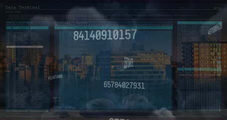 Poster - Animation of caucasian male hacker and data processing over cityscape