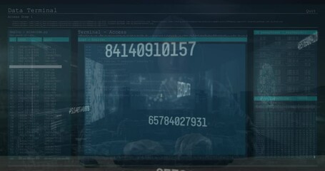 Poster - Animation of data processing over caucasian male hacker