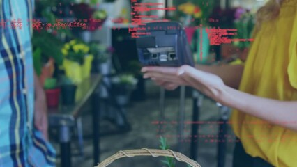 Poster - Animation of data processing over biracial man paying with credit card