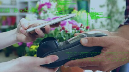 Poster - Animation of data processing over caucasian woman paying with smartphone
