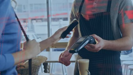 Poster - Animation of data processing over caucasian woman paying with smartphone