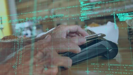 Poster - Animation of data processing over caucasian man paying with smartphone