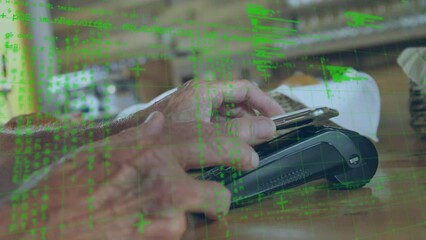 Poster - Animation of data processing over caucasian man paying with smartphone