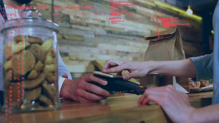 Wall Mural - Animation of data processing over caucasian man paying with smartphone