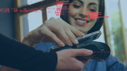 Poster - Animation of data processing over biracial woman paying with smartphone
