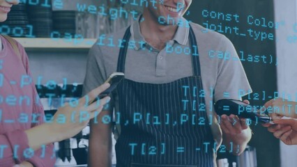 Poster - Animation of data processing over caucasian woman paying with credit card