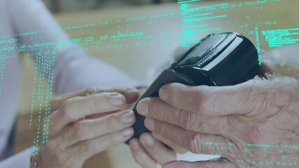 Poster - Animation of data processing over caucasian woman paying with credit card
